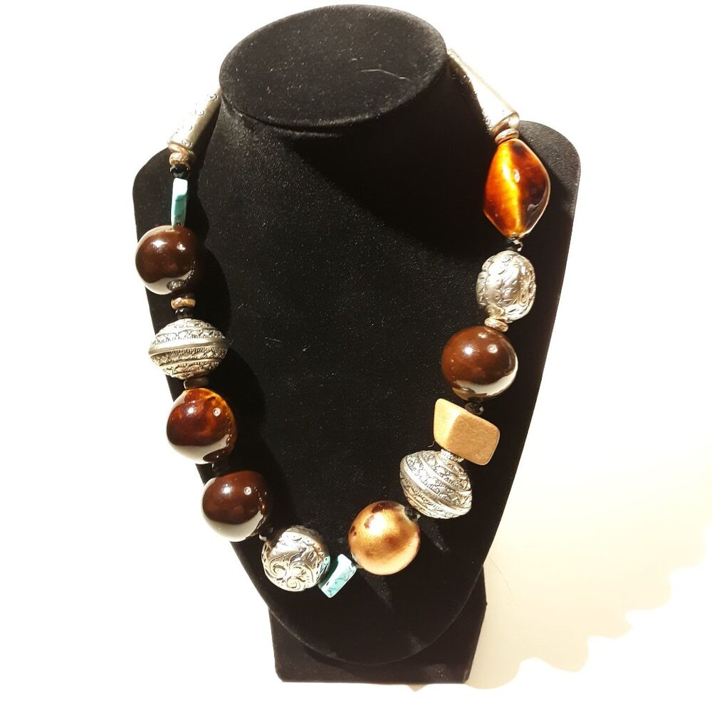 Chunky Mixed Media Necklace Silver Turquoise Signed Boho Tribal Festival Ethnic
